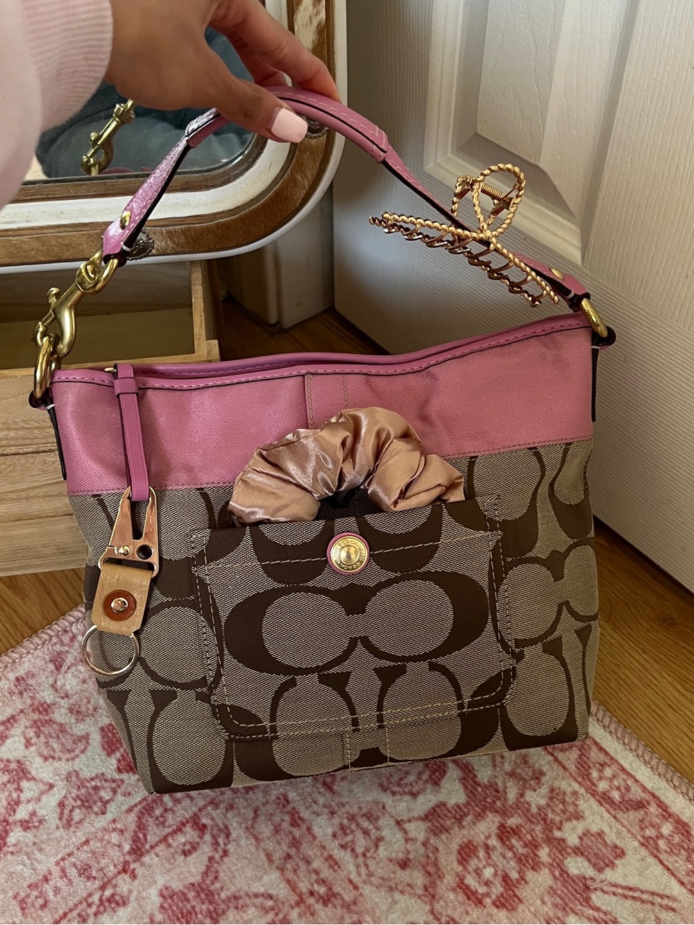 Coach Hobo Bag Medium Pink Khaki Signature Monogram Satin Leather 11957 - Picture 2 of 16